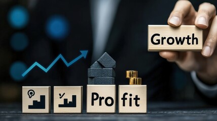 Strategies for Leadership, Profitability, and Business Goals concept. Businessman holding block labeled Growth with profit symbols in background.