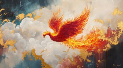 Mythological-inspired abstract art with floating clouds, phoenix fire, and glowing red and gold accents.