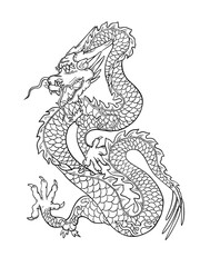 Line art dragon drawing. Outline black and white traditional Chinese dragon.