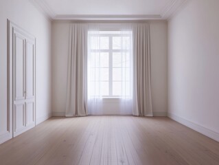 Fototapeta premium A room with a white door and a window. The window has white curtains. The room is empty