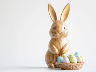 Fototapeta premium A playful wooden Easter bunny surrounded by colorful eggs, perfect for spring imagery.