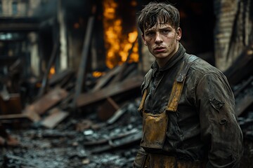 Fototapeta premium War Soldier Stands Amidst Destruction and Flames in a War-Torn City, Showcasing Resilience and Determination