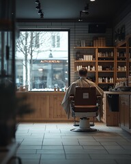 Barber Shop Interior With a Client Awaiting a Haircut in a Cozy Urban Setting During Daylight
