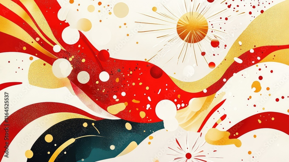 Fototapete playful abstract design with new year celebration patterns, using red, gold, and white for a lively 