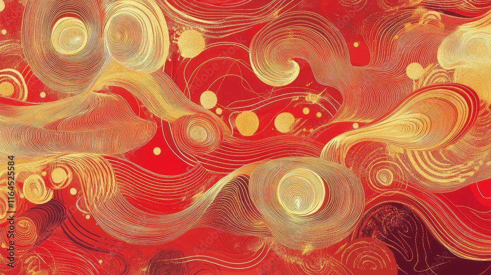 Fototapete Playful hand-drawn abstract New Year design with swirling patterns in bold red and soft golden highlights.