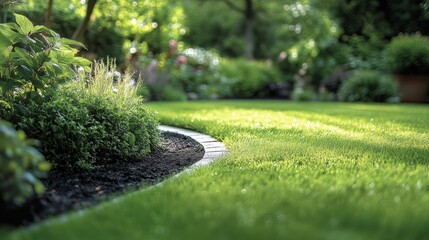 Obraz premium A lush green lawn with a black border and a few bushes