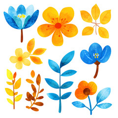 Watercolor vector set of pastel leaves and flowers