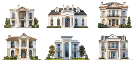 six distinct architectural designs of houses. each with unique styles and features the homes vary in structure. roof design. and decorative elements. highlighting a blend of modern and classical influ