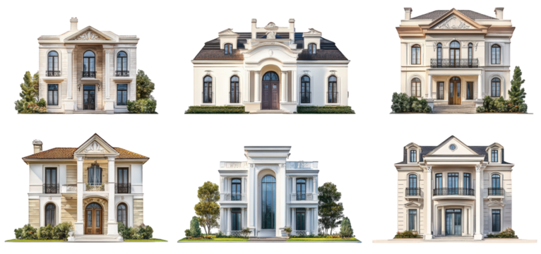 six distinct architectural designs of houses. each with unique styles and features the homes vary in structure. roof design. and decorative elements. highlighting a blend of modern and classical influ