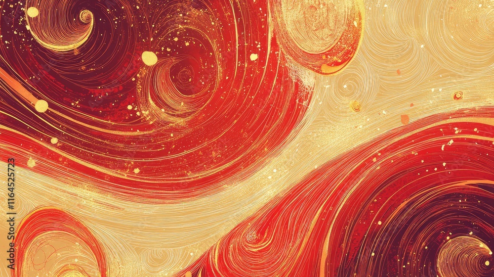Fototapete Playful hand-drawn abstract New Year design with swirling patterns in bold red and soft golden highlights.