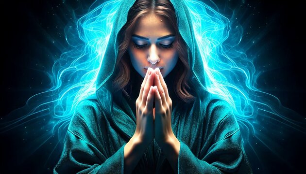 m&atilde;os ao rosto e olhos fechados em gesto de fervorosa ora&ccedil;&atilde;o, conceito f&eacute;, religi&atilde;o - Generated image