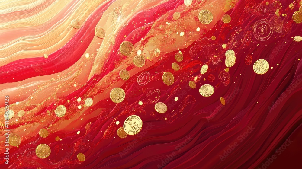 Fototapete Prosperity symbols like gold coins and lucky charms, floating in abstract, dynamic red and gold wave patterns.