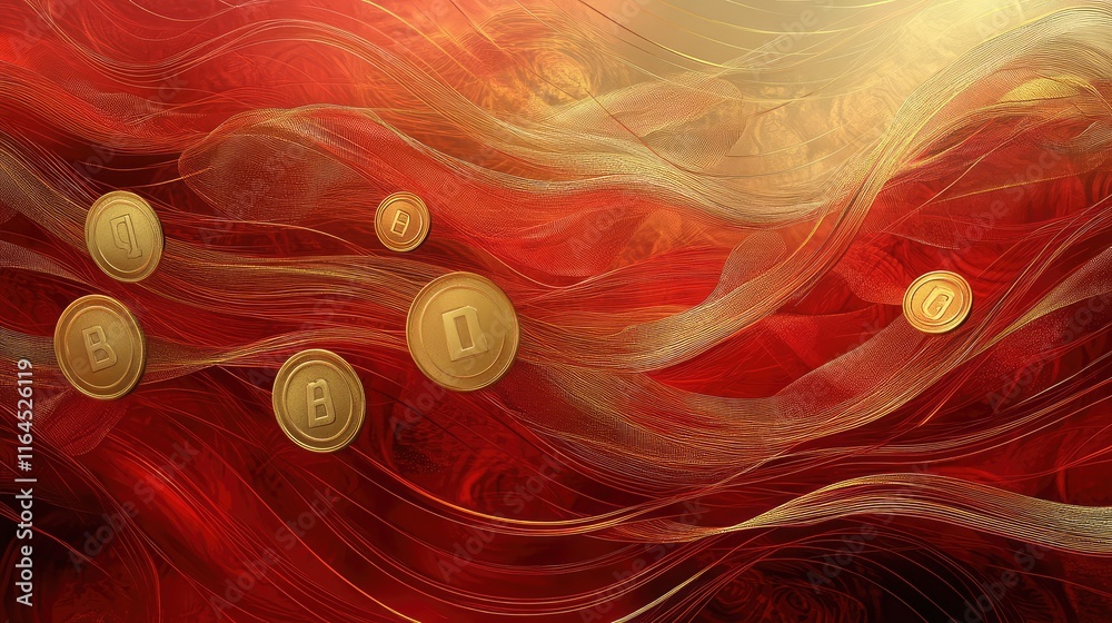 Fototapete Prosperity symbols like gold coins and lucky charms, floating in abstract, dynamic red and gold wave patterns.