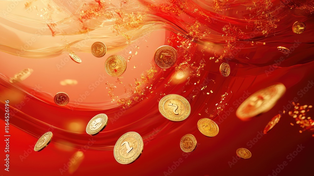 Fototapete prosperity symbols like gold coins and lucky charms, floating in abstract, dynamic red and gold wave
