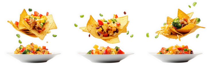 a dynamic arrangement of nachos being topped with various ingredients. illustrating the process of creating a colorful and appetizing dish the vibrant toppings include vegetables and cheese. emphasizi