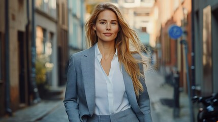 Confident businesswoman walking city street. (1)