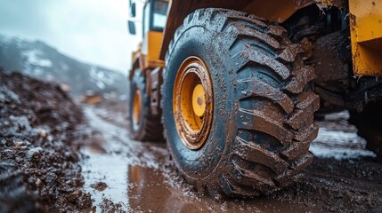 Mud-caked wheel of a heavy construction vehicle on a muddy terrain.