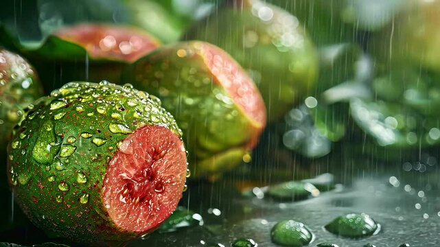 guava in water drops close-up. Selective focus