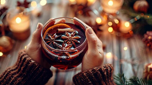mulled wine in hand. selective focus