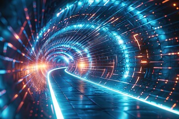 Abstract blue background, neon. Scene with rays and lines, Round arch, light in motion, night view