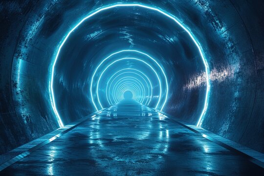 Abstract blue background, neon. Scene with rays and lines, Round arch, light in motion, night view