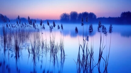 Serene dawn mist over calm lake with reeds.