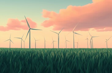 Wind Turbines in a Lush Field Under a Serene Evening Sky