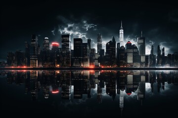 Fototapeta premium A cozy night cityscape featuring grey buildings and tranquil reflections in marsh green waters