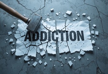 Symbolic image of breaking addiction with a hammer shattering the word 'addiction' on a concrete surface.