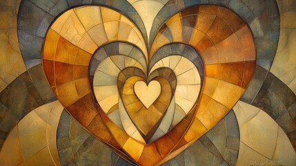 Naklejka premium Layered heart-shaped mosaic artwork with golden, bronze, and earthy tones, featuring intricate textures and a warm, elegant design. AI generative.