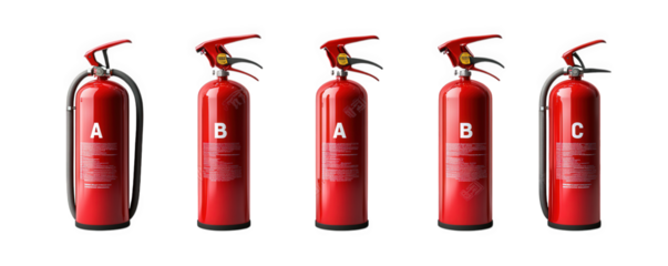 five red fire extinguishers lined up. each labeled with different letters (a. b. c) these extinguishers are designed for fire safety and prevention. showcasing their importance in emergency situations