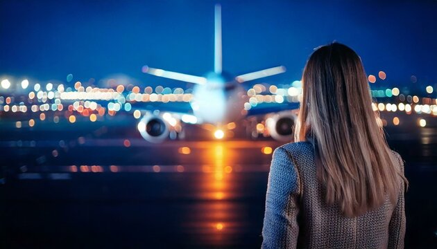 jovem viajante em aeroporto durante a noite - Generated image