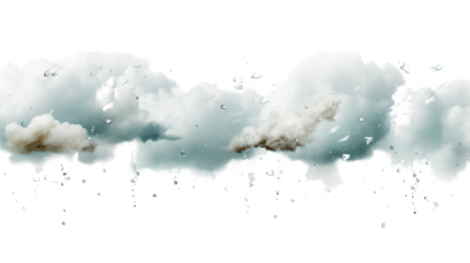 Dramatic cloudy sky with raindrops falling, symbolizing weather, storms, and rainy day concepts, studio view, isolated on transparent background.
