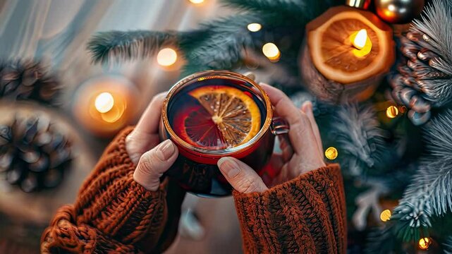 mulled wine in hand. selective focus