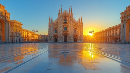 Sunrise over Duomo di Milano, reflecting on the square's wet pavement.