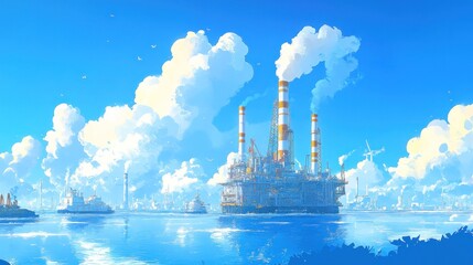 Obraz premium Idyllic coastal industrial scene with offshore platform, ships, and wind turbines under a bright sunny sky.
