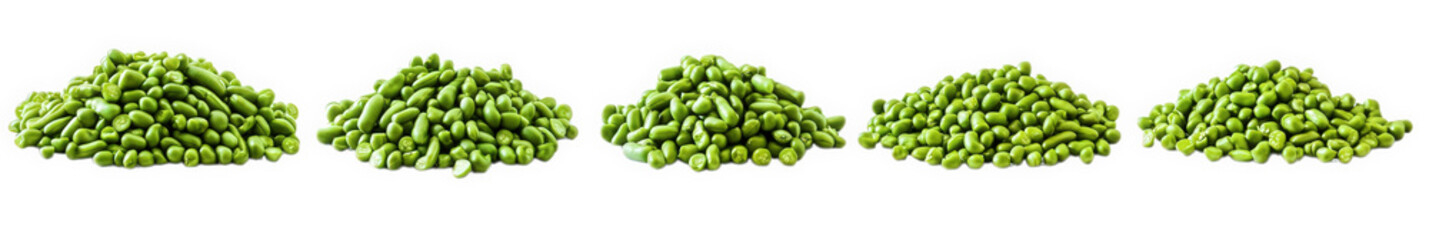 five distinct piles of green mung beans arranged in a row against a white background the varying sizes of the piles suggest a focus on the quantity and texture of the beans. which are often used in co