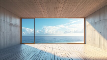 Fototapeta premium Minimalist Sea View Lounge with Open Sky and Wood Wall