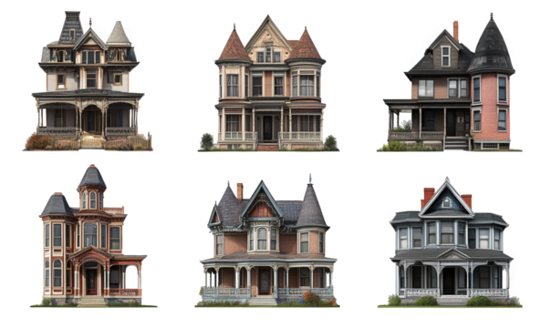 a collection of six distinct victorian-style houses. each featuring unique architectural details such as turrets. intricate woodwork. and varying color schemes this arrangement highlights the diversit
