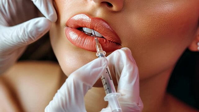 close-up of an injection in a woman's lip. selective focus