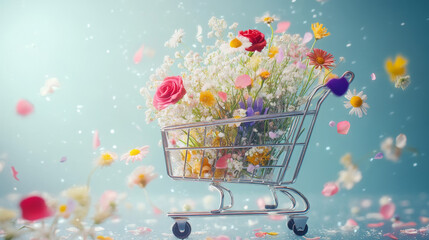 Charming shopping cart with flowers and falling petals