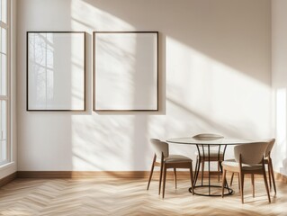 A white room with a table and four chairs. The table is round and has a glass top. There are two empty picture frames on the wall