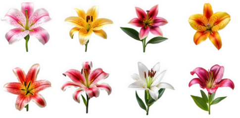a collection of eight vibrant lily flowers. each exhibiting unique colors and patterns. arranged in a grid format the design emphasizes the beauty and diversity of lilies. making it suitable for flora
