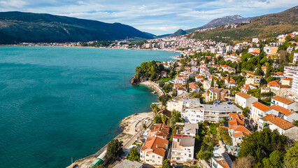 Herceg Novi, a charming coastal town in Montenegro, captured from the drone, reveals its...