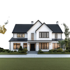a modern two-story house with a sleek design. featuring a combination of white and black elements surrounded by lush greenery and a well-maintained lawn. the house showcases large windows and a welcom