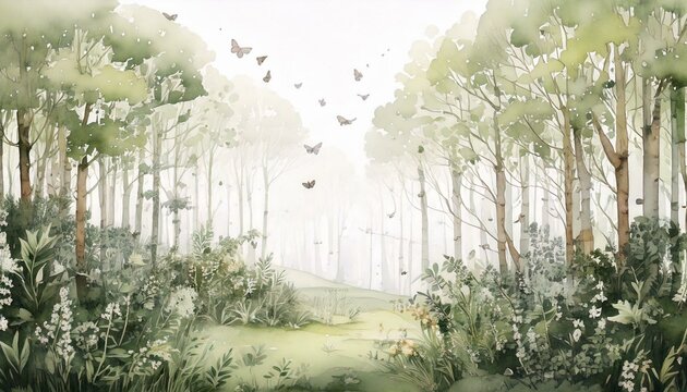 Watercolor illustration-Fairy forest. Children's interior Wallpaper.