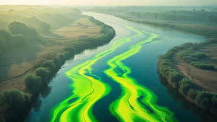 River water pollution from above showing green algae bloom