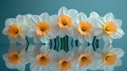 Fototapeta premium Daffodils reflected in water, creating a symmetrical image.