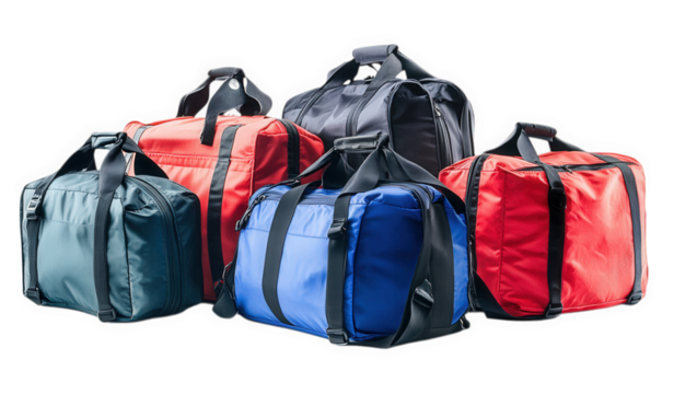 a collection of five colorful duffel bags in different sizes and colors. arranged together against a white background these bags are designed for travel. sports. or gym use. highlighting their versati