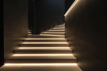 Fototapeta premium Modern Luxe: Nighttime Illuminated Staircase in Contemporary Minimalist Style